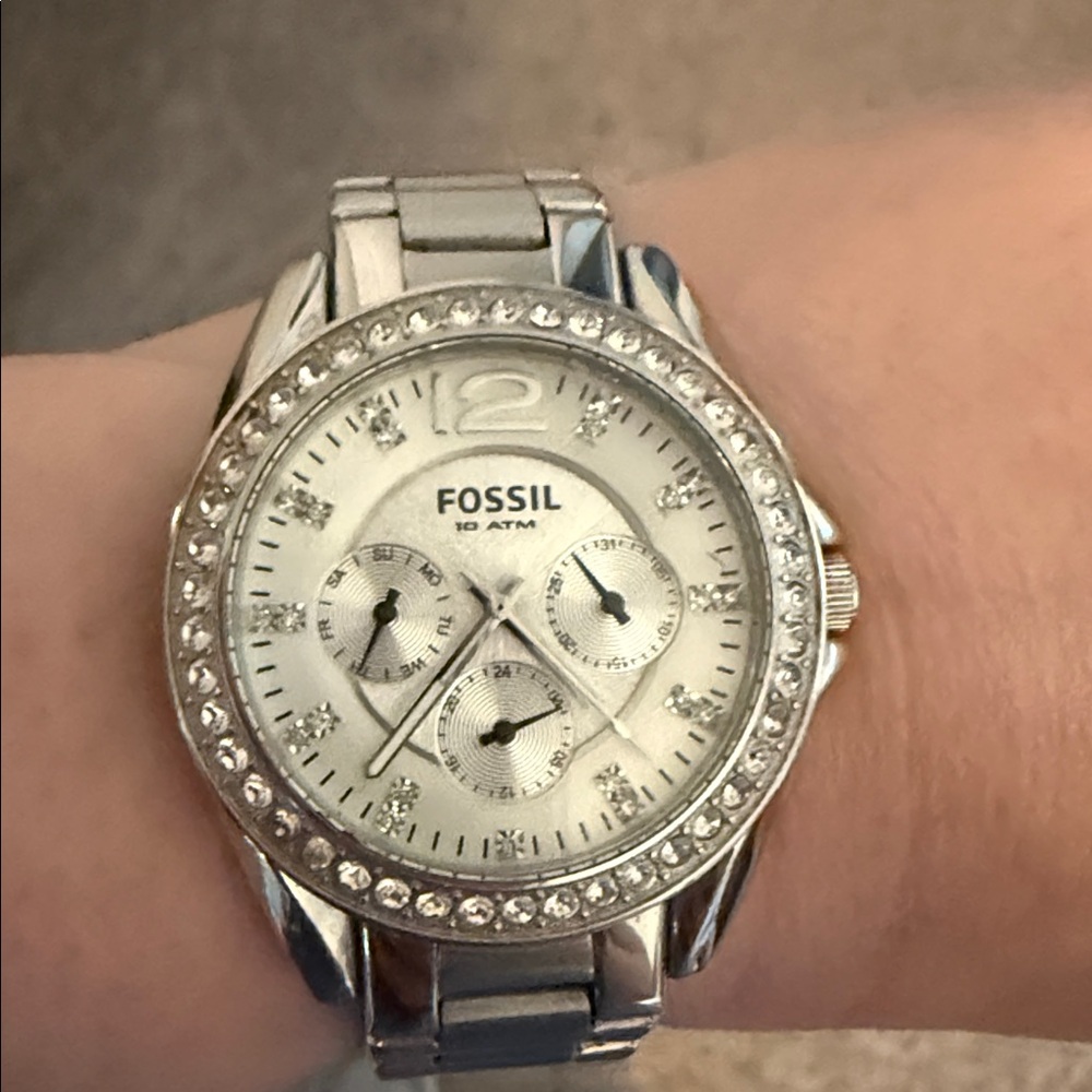 Fossil Silver Chronograph Watch with Crystal Bezel